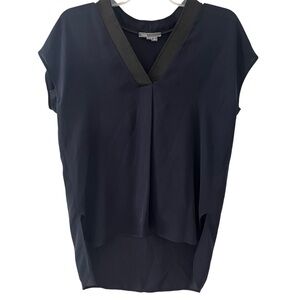 Vince Sleeveless Blue Silk V Neck Top Lamb Leather Trim XXS